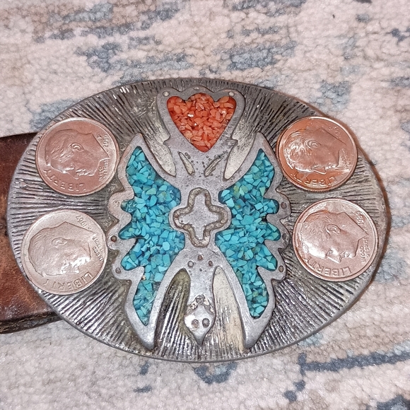 Vintage Turquoise Coral Color Inlay Metal Belt Buckle main image 6